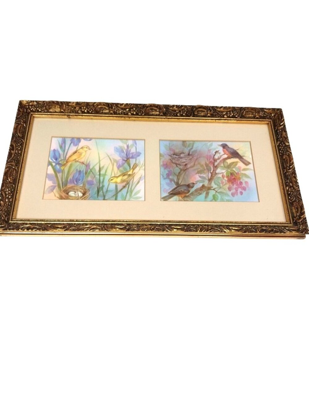 Vintage Goldfinch & Robin Art Prints Painted Gold Wood Frame Cottage Core Pastel